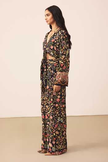 Ritu Kumar_Black Viscose, Crepe, Rayon V-neck Printed Top With Pant _Online_at_Aza_Fashions