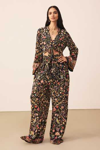 Buy_Ritu Kumar_Black Viscose, Crepe, Rayon V-neck Printed Top With Pant _at_Aza_Fashions