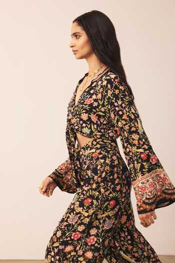 Shop_Ritu Kumar_Black Viscose, Crepe, Rayon V-neck Printed Top With Pant 