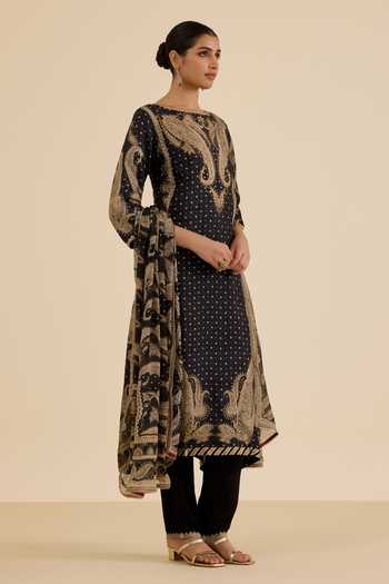 Ritu Kumar_Black Silk, Viscose Round Neck Paisley Embroidered And Printed Kurta Set _Online_at_Aza_Fashions