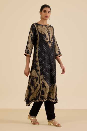 Buy_Ritu Kumar_Black Silk, Viscose Round Neck Paisley Embroidered And Printed Kurta Set _Online_at_Aza_Fashions
