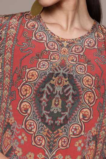 Shop_Ritu Kumar_Orange Crepe, Viscose Round Neck Geometric Print Kurta Set 