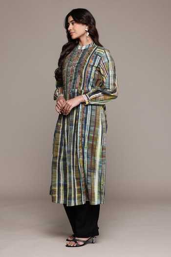Ritu Kumar_Brown Cotton, Voile Mandarin Collar, Yes Candice Full Sleeves Kurta _Online_at_Aza_Fashions