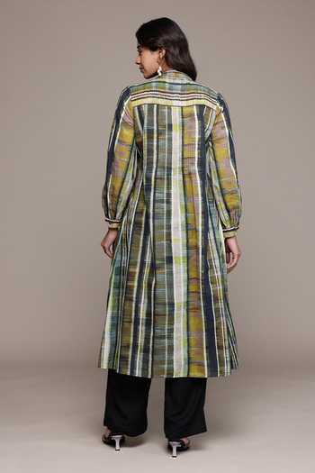 Shop_Ritu Kumar_Brown Cotton, Voile Mandarin Collar, Yes Candice Full Sleeves Kurta _at_Aza_Fashions