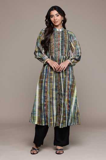 Buy_Ritu Kumar_Brown Cotton, Voile Mandarin Collar, Yes Candice Full Sleeves Kurta _Online_at_Aza_Fashions