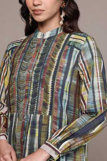 Shop_Ritu Kumar_Brown Cotton, Voile Mandarin Collar, Yes Candice Full Sleeves Kurta _Online_at_Aza_Fashions