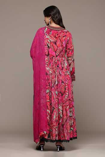Shop_Ritu Kumar_Pink Lurex, Viscose, Lycra, Jersey, Chiffon Round Neck Fiza Printed Anarkali Set _at_Aza_Fashions