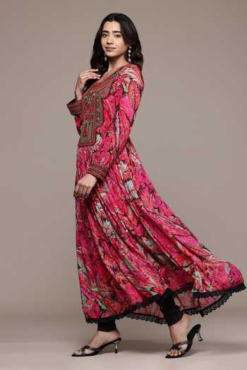 Ritu Kumar_Pink Lurex, Viscose, Lycra, Jersey, Chiffon Round Neck Fiza Printed Anarkali Set _Online_at_Aza_Fashions