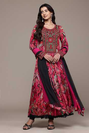 Buy_Ritu Kumar_Pink Lurex, Viscose, Lycra, Jersey, Chiffon Round Neck Fiza Printed Anarkali Set _Online_at_Aza_Fashions