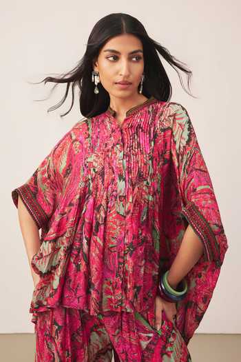 Buy_Ritu Kumar_Pink Lurex V-neck Fiza Printed Kurta And Palazzo Set 