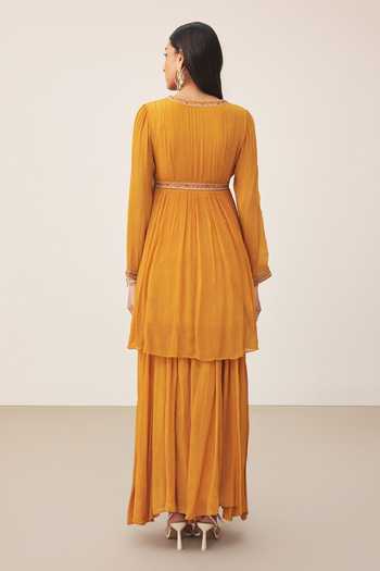 Shop_Ritu Kumar_Yellow Viscose, Chinon V-neck, Yes Embroidered Kurta Sharara Set _at_Aza_Fashions