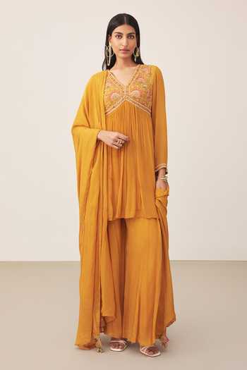 Shop_Ritu Kumar_Yellow Viscose, Chinon V-neck, Yes Embroidered Kurta Sharara Set _Online_at_Aza_Fashions