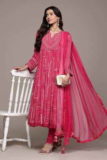 Buy_Ritu Kumar_Pink Viscose, Chinon, Lycra, Jersey, Chiffon Ujwal Textured Pattern Kurta Set _at_Aza_Fashions