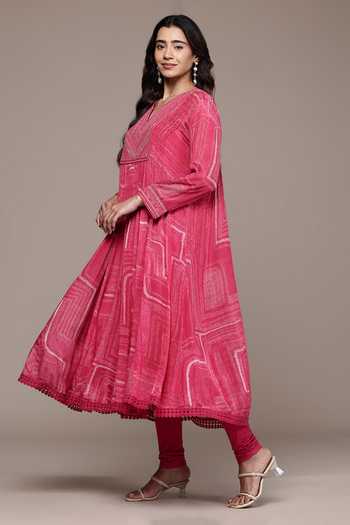 Buy_Ritu Kumar_Pink Viscose, Chinon, Lycra, Jersey, Chiffon Ujwal Textured Pattern Kurta Set _Online_at_Aza_Fashions