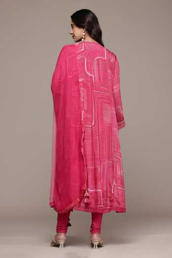 Shop_Ritu Kumar_Pink Viscose, Chinon, Lycra, Jersey, Chiffon Ujwal Textured Pattern Kurta Set _at_Aza_Fashions