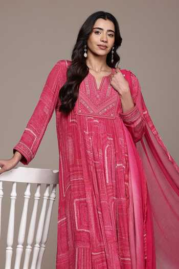 Buy_Ritu Kumar_Pink Viscose, Chinon, Lycra, Jersey, Chiffon Ujwal Textured Pattern Kurta Set 