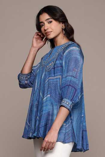 Ritu Kumar_Blue Viscose, Chinon Round Neck, Yes Ujwal Printed Kurta _Online_at_Aza_Fashions