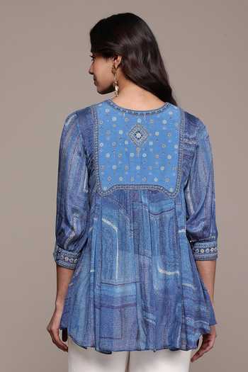 Shop_Ritu Kumar_Blue Viscose, Chinon Round Neck, Yes Ujwal Printed Kurta _at_Aza_Fashions