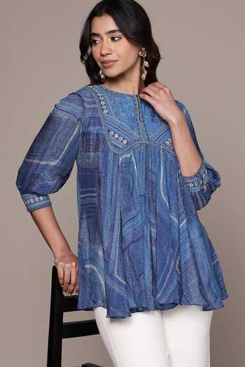Buy_Ritu Kumar_Blue Viscose, Chinon Round Neck, Yes Ujwal Printed Kurta _Online_at_Aza_Fashions