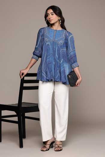 Shop_Ritu Kumar_Blue Viscose, Chinon Round Neck, Yes Ujwal Printed Kurta _Online_at_Aza_Fashions