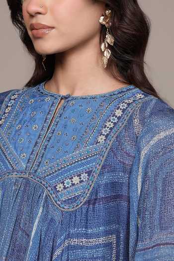Ritu Kumar_Blue Viscose, Chinon Round Neck, Yes Ujwal Printed Kurta _at_Aza_Fashions