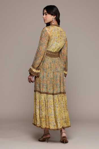 Shop_Ritu Kumar_Yellow Viscose, Chinon Mandarin Collar Aplooza Print Long Dress _at_Aza_Fashions