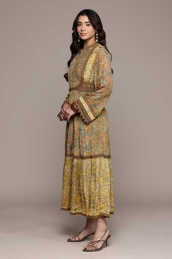 Ritu Kumar_Yellow Viscose, Chinon Mandarin Collar Aplooza Print Long Dress _Online_at_Aza_Fashions