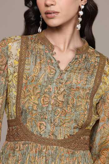Buy_Ritu Kumar_Yellow Viscose, Chinon Mandarin Collar Aplooza Print Long Dress _Online_at_Aza_Fashions