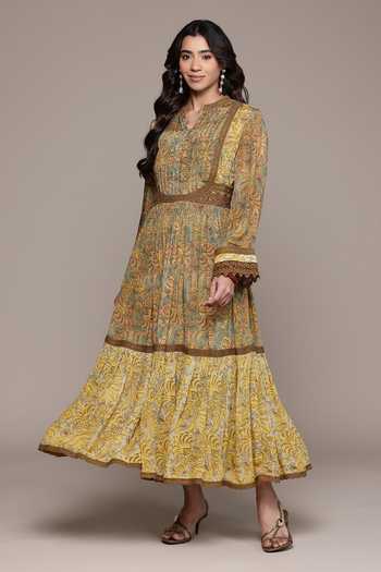 Ritu Kumar_Yellow Viscose, Chinon Mandarin Collar Aplooza Print Long Dress _at_Aza_Fashions