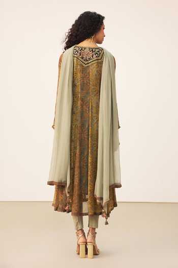 Shop_Ritu Kumar_Yellow Viscose, Chinon, Lycra, Jersey Split V-neck, Yes Tonal Printed Kurta Set _at_Aza_Fashions