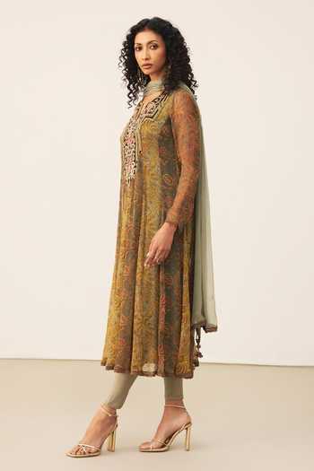 Buy_Ritu Kumar_Yellow Viscose, Chinon, Lycra, Jersey Split V-neck, Yes Tonal Printed Kurta Set _Online_at_Aza_Fashions
