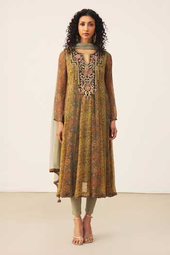 Ritu Kumar_Yellow Viscose, Chinon, Lycra, Jersey Split V-neck, Yes Tonal Printed Kurta Set _at_Aza_Fashions