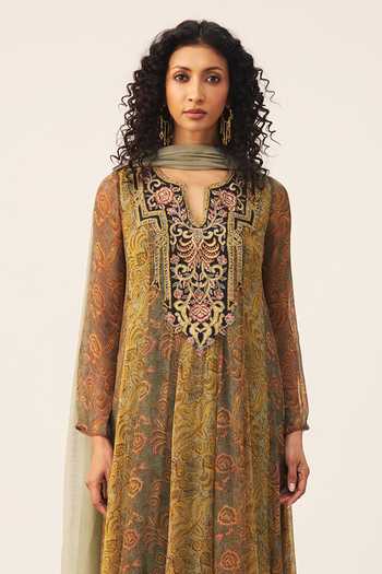 Buy_Ritu Kumar_Yellow Viscose, Chinon, Lycra, Jersey Split V-neck, Yes Tonal Printed Kurta Set 