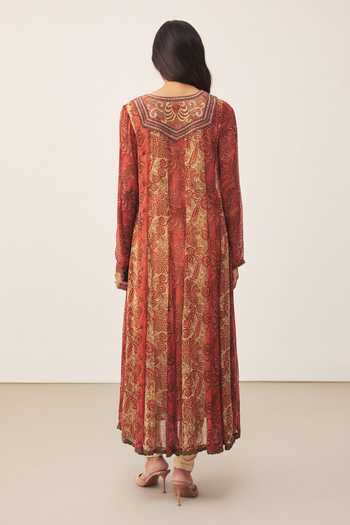 Shop_Ritu Kumar_Orange Viscose, Chinon, Lycra, Jersey Split V-neck Printed Kurta Set _at_Aza_Fashions