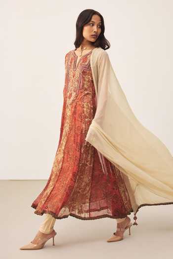 Ritu Kumar_Orange Viscose, Chinon, Lycra, Jersey Split V-neck Printed Kurta Set _Online_at_Aza_Fashions