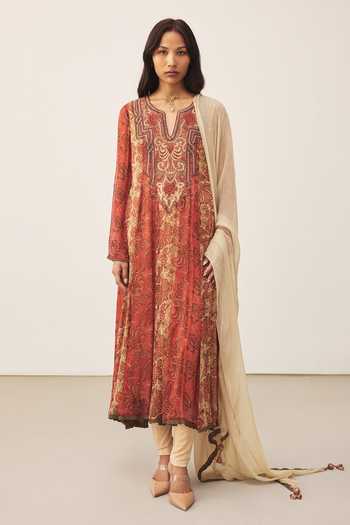 Buy_Ritu Kumar_Orange Viscose, Chinon, Lycra, Jersey Split V-neck Printed Kurta Set _at_Aza_Fashions