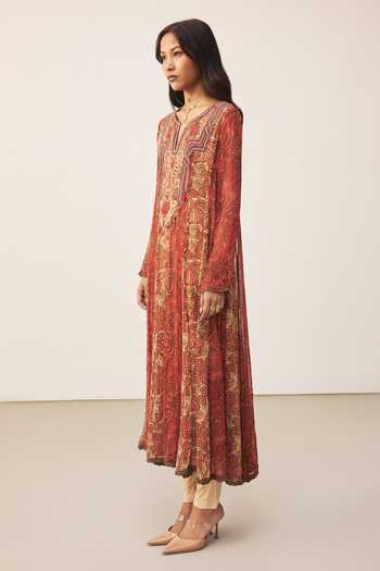 Buy_Ritu Kumar_Orange Viscose, Chinon, Lycra, Jersey Split V-neck Printed Kurta Set _Online_at_Aza_Fashions