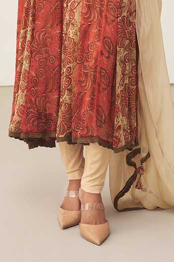 Ritu Kumar_Orange Viscose, Chinon, Lycra, Jersey Split V-neck Printed Kurta Set _at_Aza_Fashions