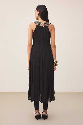 Shop_Ritu Kumar_Black Viscose, Chinon, Lycra, Jersey Round Neck Placement Embroidered Kurta Set _at_Aza_Fashions