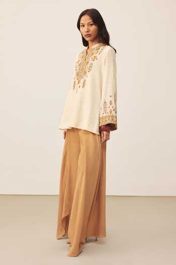 Ritu Kumar_Beige Mandarin Collar Lara Embroidered Kurta _Online_at_Aza_Fashions