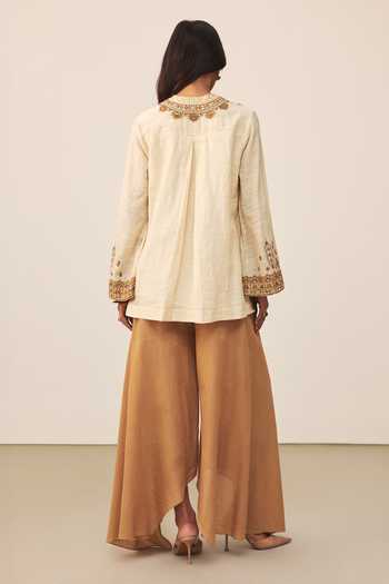 Shop_Ritu Kumar_Beige Mandarin Collar Lara Embroidered Kurta _at_Aza_Fashions