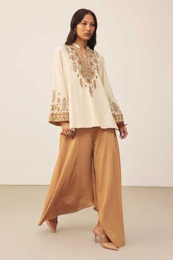 Buy_Ritu Kumar_Beige Mandarin Collar Lara Embroidered Kurta _Online_at_Aza_Fashions