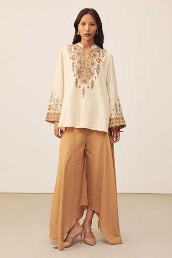 Shop_Ritu Kumar_Beige Mandarin Collar Lara Embroidered Kurta _Online_at_Aza_Fashions