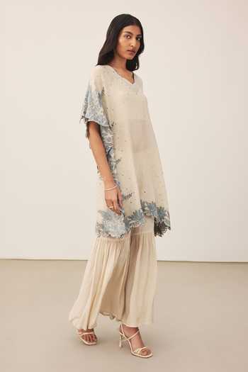 Ritu Kumar_Off White Silk, Viscose V-neck Pannkhuri Border Embroidered Kurta And Gharara Set _Online_at_Aza_Fashions