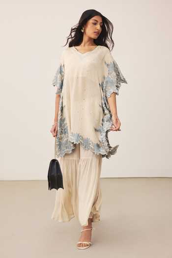 Buy_Ritu Kumar_Off White Silk, Viscose V-neck Pannkhuri Border Embroidered Kurta And Gharara Set _Online_at_Aza_Fashions