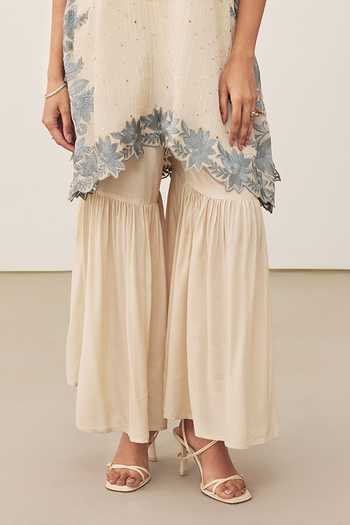 Buy_Ritu Kumar_Off White Silk, Viscose V-neck Pannkhuri Border Embroidered Kurta And Gharara Set 