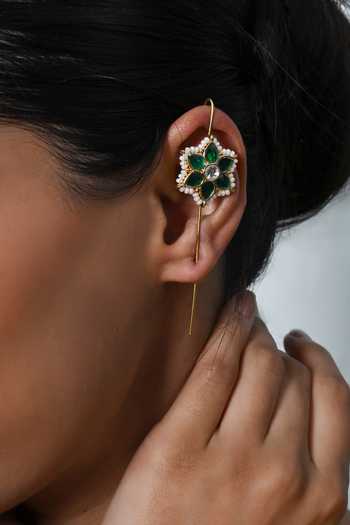 Shop_Shlok Jewels_Green Jadau Kundan Ear Cuffs _at_Aza_Fashions