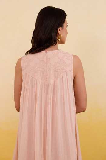 Taro_Peach Cotton Round Neck Apricot Bloom Dress _Online_at_Aza_Fashions
