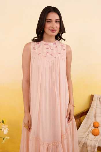 Buy_Taro_Peach Cotton Round Neck Apricot Bloom Dress _Online_at_Aza_Fashions