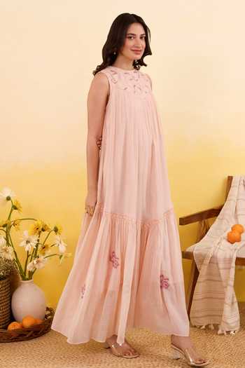 Shop_Taro_Peach Cotton Round Neck Apricot Bloom Dress _Online_at_Aza_Fashions